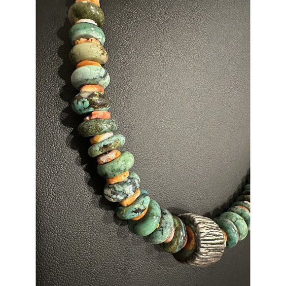 Sterling Silver Turquoise Spiny Oyster Beaded Disc Statement Necklace 20” - Picture 2 of 9